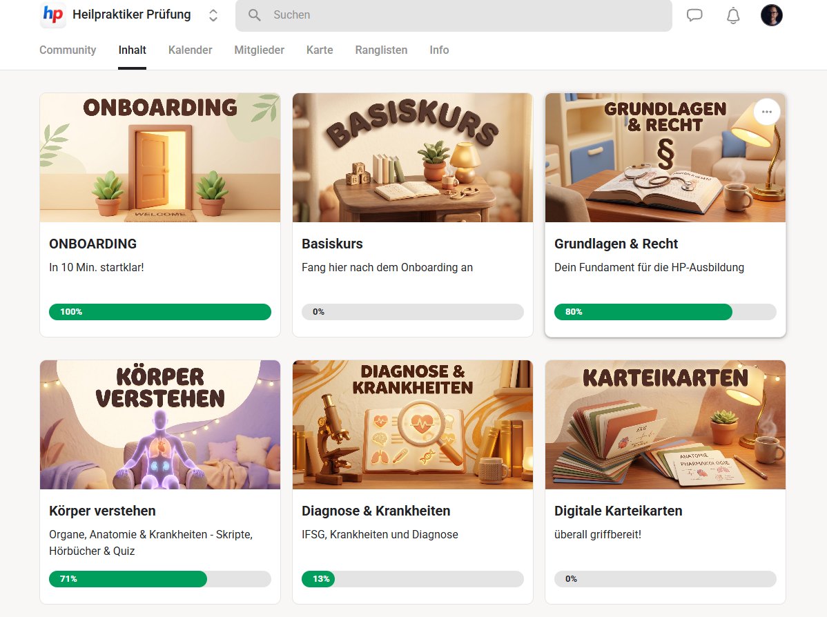 Der Lernbereich der Community mit den Kursen Onboarding, Basiskurs, Grundlagen und Recht, Körper verstehen, Diagnose und Krankheiten und digitale Karteikarten