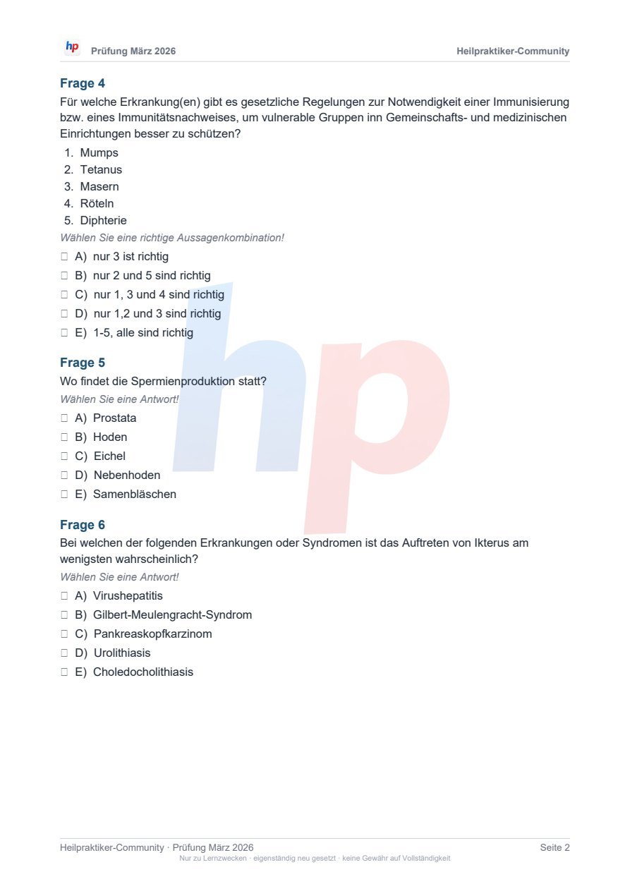 Eine Seite aus einem Prüfungsbogen im Stil der schriftlichen Heilpraktikerprüfung
