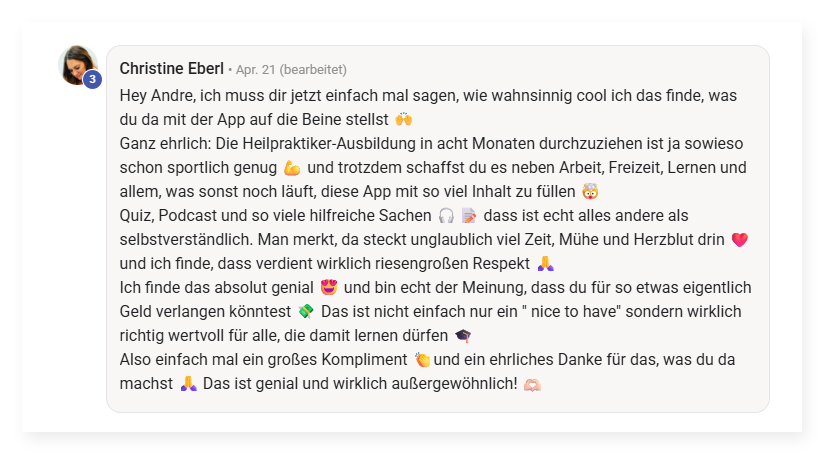 Screenshot von Christine Eberl: „Wie wahnsinnig cool ich das finde, was du da mit der App auf die Beine stellst … das ist genial und wirklich außergewöhnlich!“