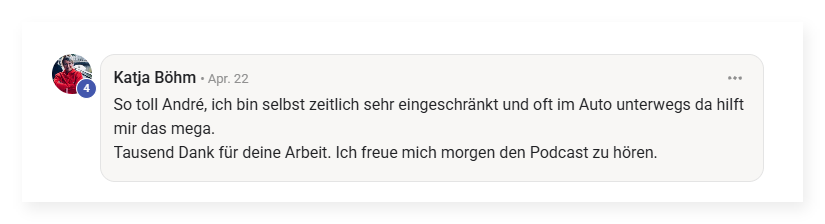 Screenshot von Katja Böhm: „Ich bin selbst zeitlich sehr eingeschränkt und oft im Auto unterwegs – da hilft mir das mega.“