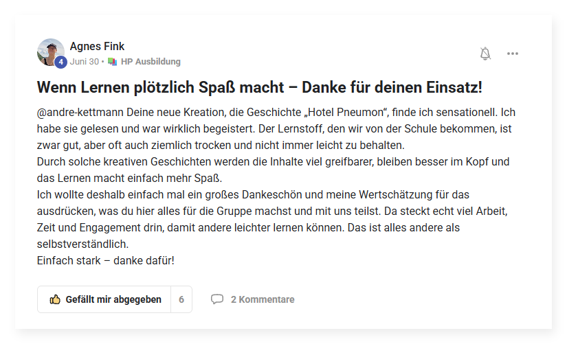 Screenshot von Agnes Fink: „Wenn Lernen plötzlich Spaß macht – danke für deinen Einsatz!“