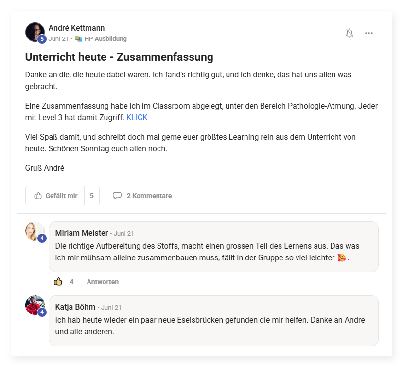 Screenshot eines Beitrags von André mit Kommentaren von Miriam Meister und Katja Böhm
